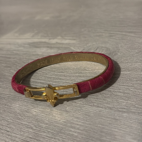 Vtg 24k Gold Plated Italy Purple Python pink Leather Lily Hook Bracelet - Picture 4 of 10